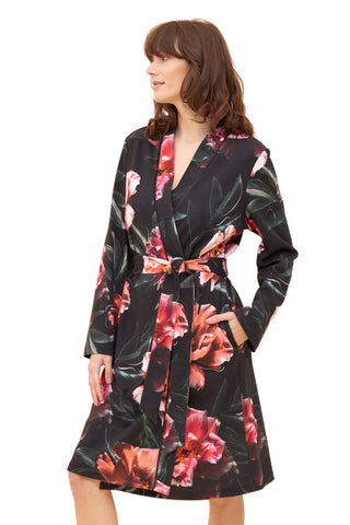 Robe, 1/1 sleeve, wrap-around, pock, Black Print