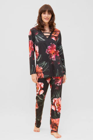 Py, 1/1 sleeve, pants 1/1, v-neck, Black Print