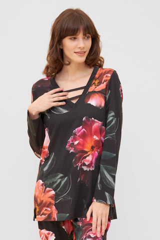 Py, 1/1 sleeve, pants 1/1, v-neck, Black Print