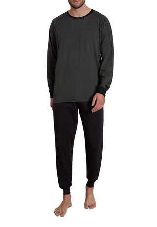 Pyjama, Rundhals., Bündchen, grau-dunkel-Ringel