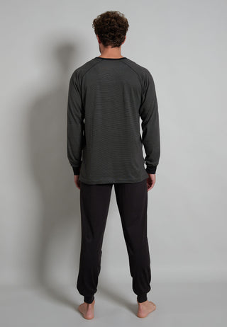 Pyjama, Rundhals., Bündchen, grau-dunkel-Ringel