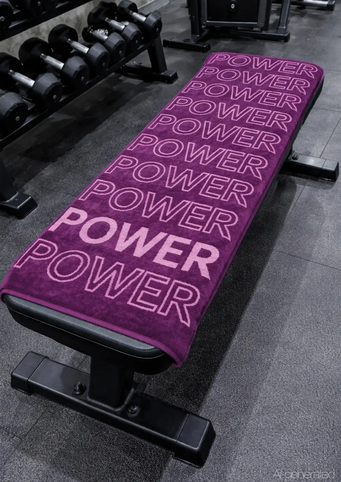 Lila Cawö-Fitnesshandtuch mit Schriftzug Power auf einer Trainingsbank