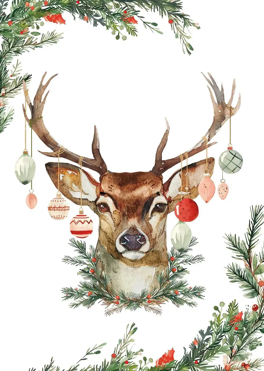 Geschirrtuch mit Digitalprint: Hirsch mit Christbaumkugeln im Geweih