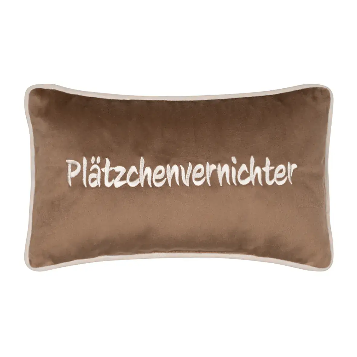 Braunes Samtkissen mit Schriftzug „Plätzchenvernichter“